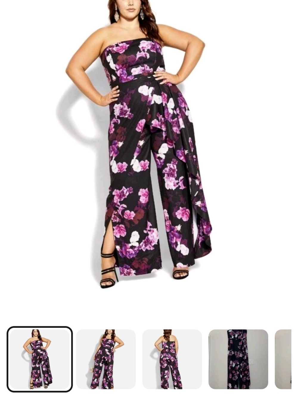 City Chic Black Strapless Floral Wide-Leg Jumpsuit with Purple Print